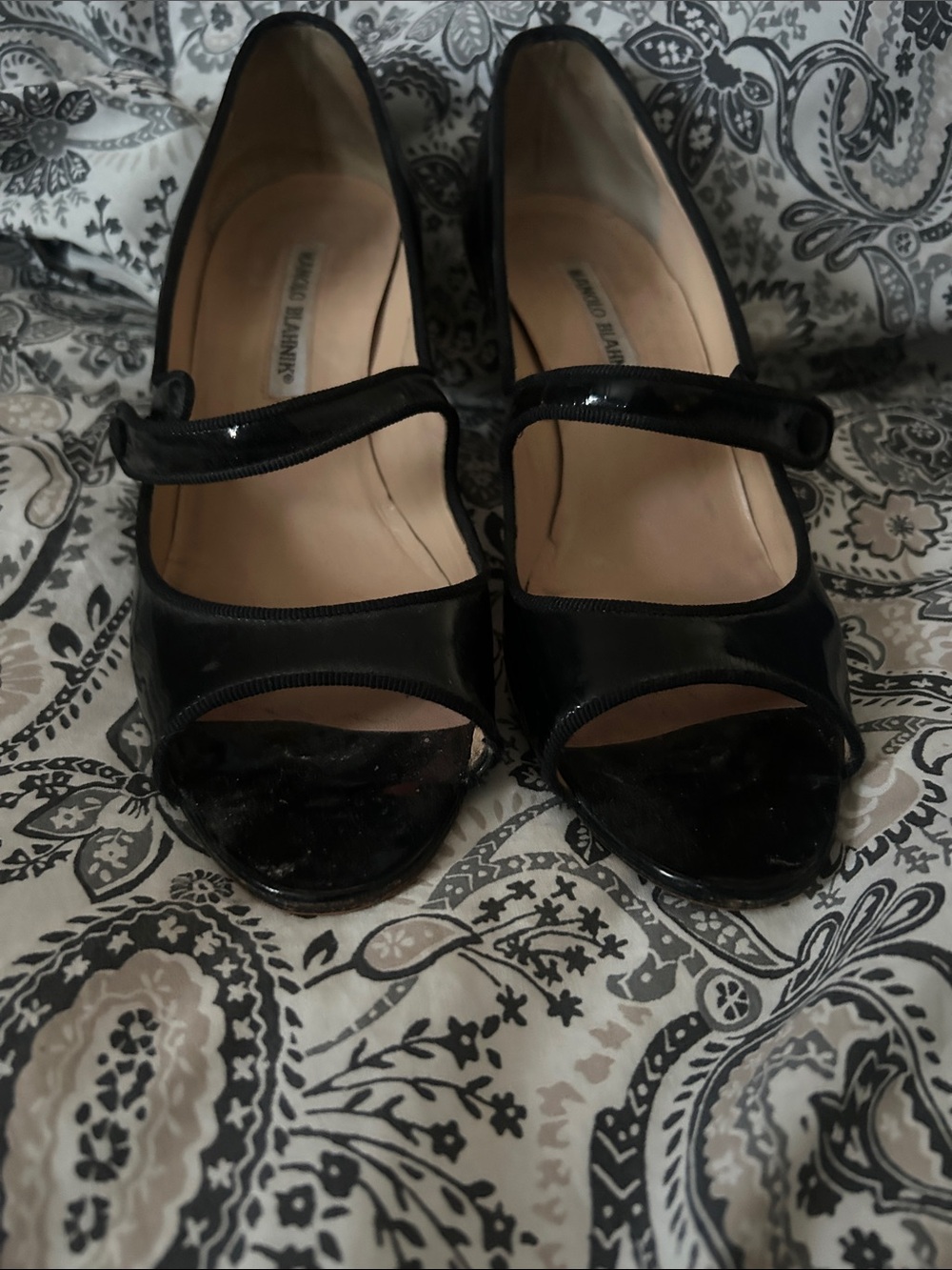 Manolo Blahnik Black Patent Mary Jane Peep-Toe Heels